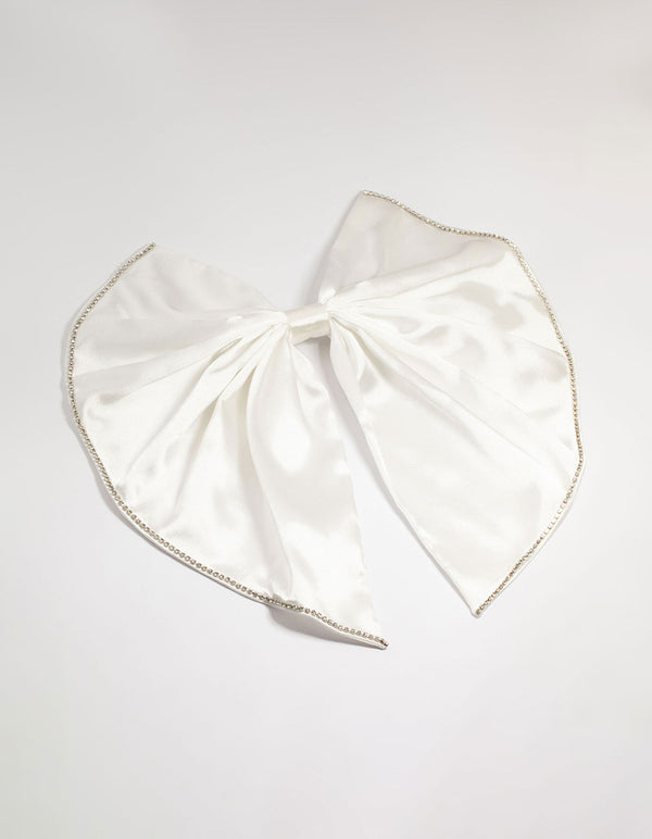 White Fabric Diamante Edge Cascading Bow Clip