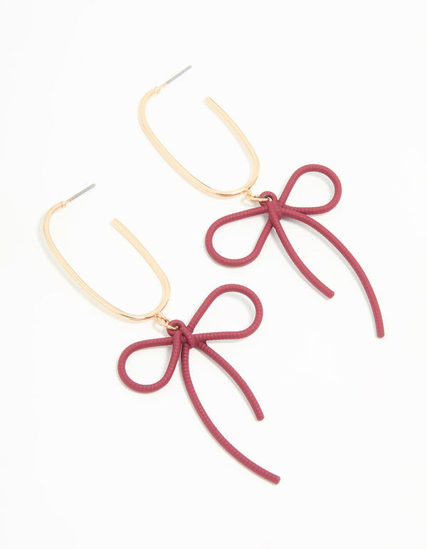 Gold Burgundy Bow Drop Earrings
