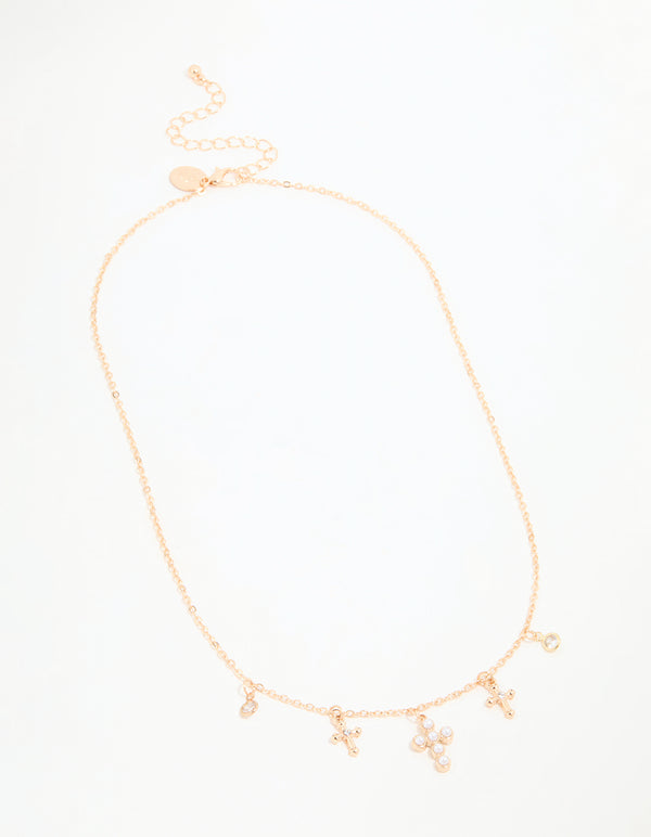 Gold Pearl Diamante Cross Charm Necklace