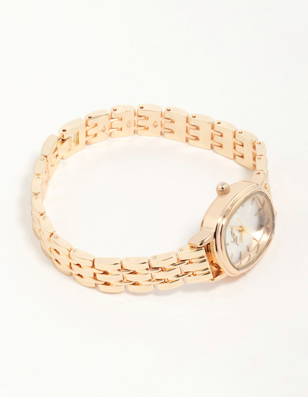 Stunning small oval watch featuring white dial, analog type, women's formal style, link-band strap in gold front view