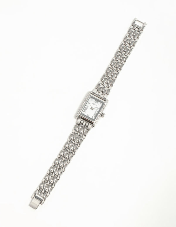 Silver Diamante Roman Numeral Enamel Rectangle Watch