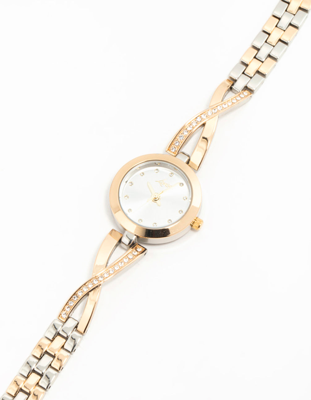 Featuring a mixed metals diamante small round watch for women with geometric charm, white stone dial, formal occasion wear, multi-color link band, analog type front view
