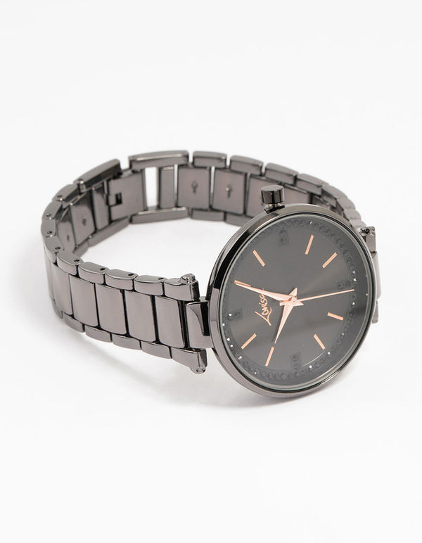 Black Coated Metal Diamante Round Watch