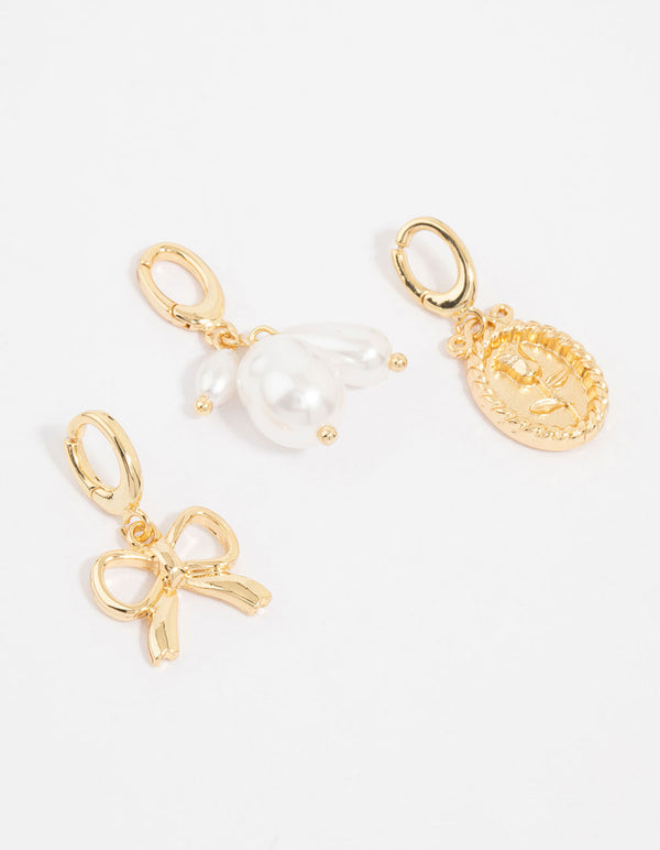 Gold Plated Pearl & Bow Charms 3-Pack