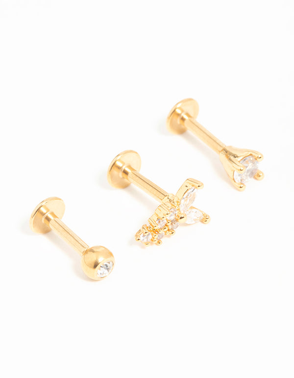 Gold Plated Surgical Steel Cubic Zirconia Butterfly Flat Back Studs 3-Pack