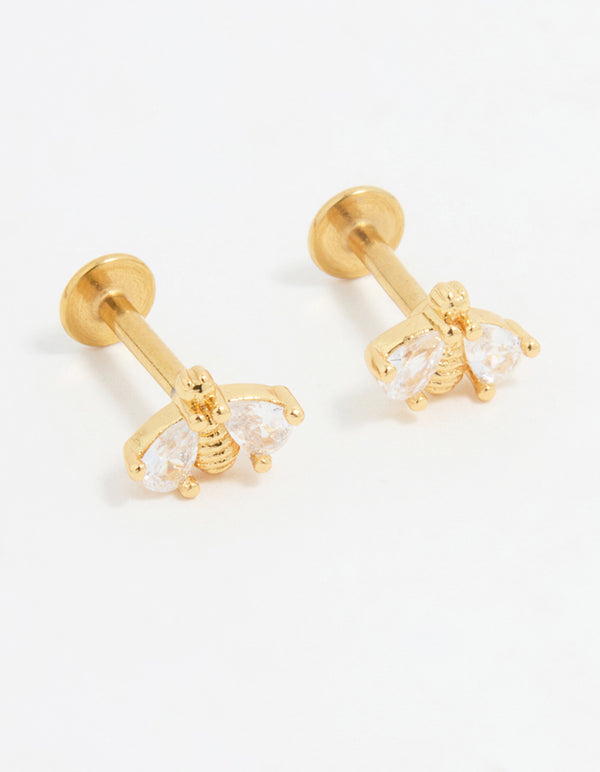 Gold Plated Surgical Steel Double Bee Cubic Zirconia Flat Back Studs