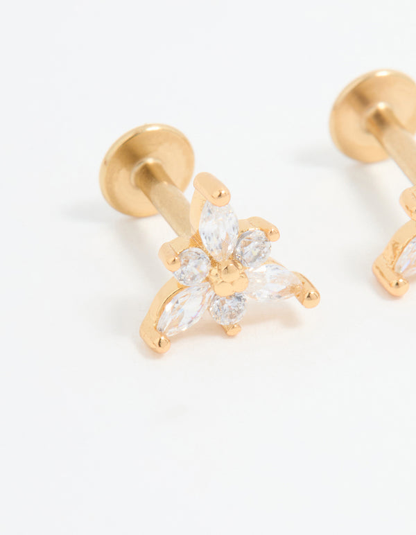 Gold Plated Surgical Steel Cubic Zirconia Flower Flat Back Earrings Pack