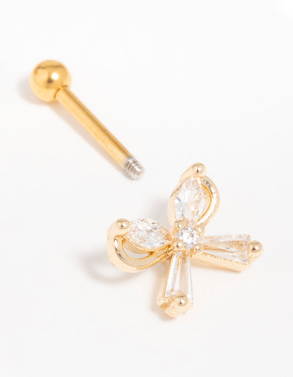 Gold Plated Surgical Steel Cubic Zirconia Bow Flat Back Stud
