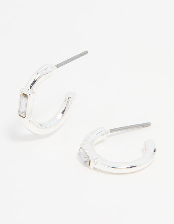 Silver Diamante Baguette Huggie Earrings