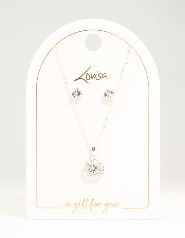 Silver Diamante Halo Necklace & Earrings Set