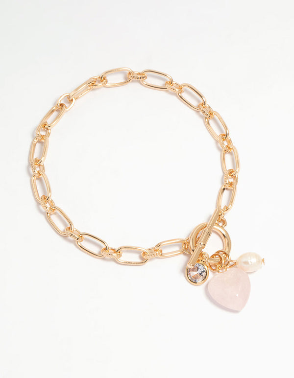 Gold Pearl Heart Charm T & O Bracelet