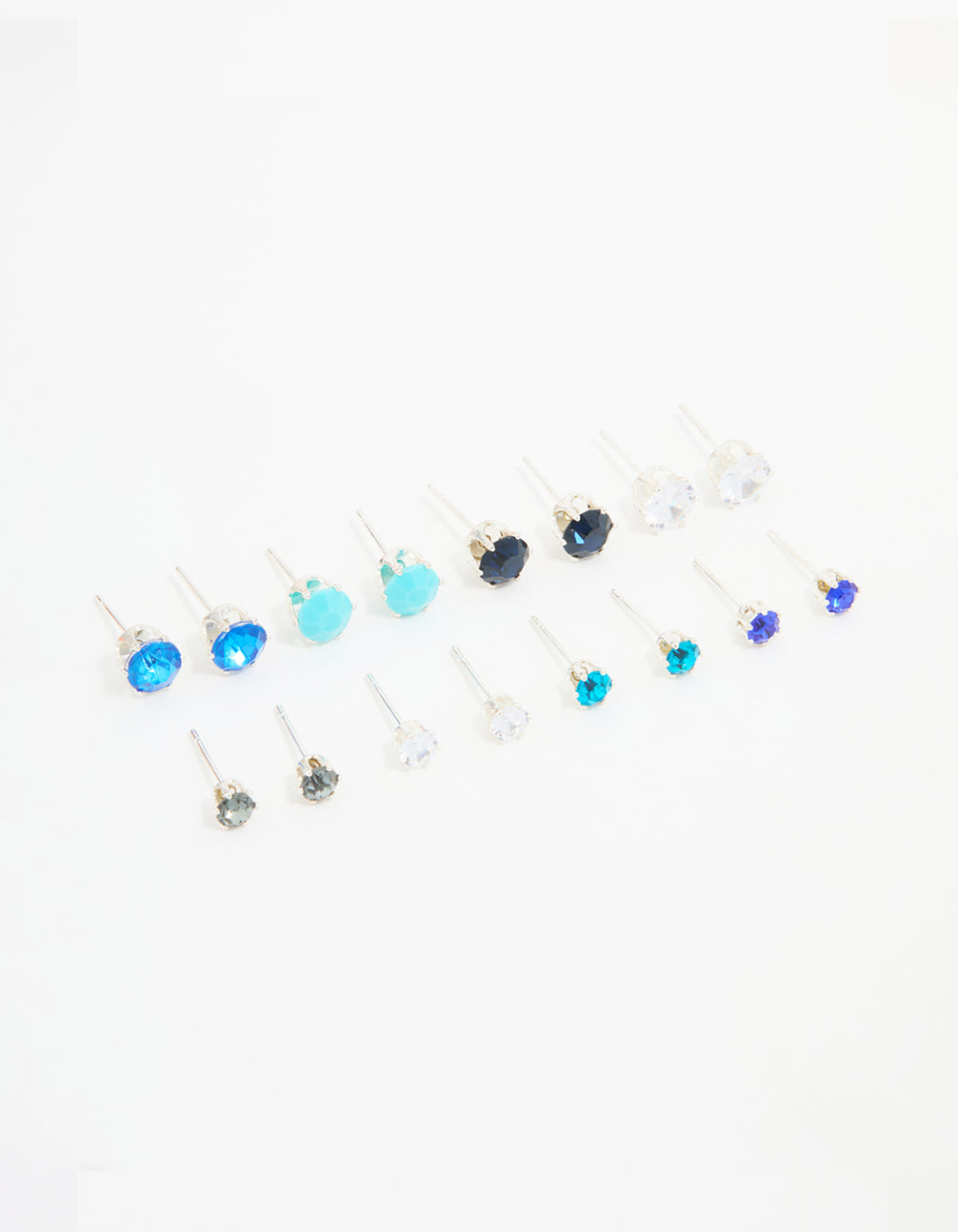 Silver Blue Diamante Stud Earrings 8-Pack