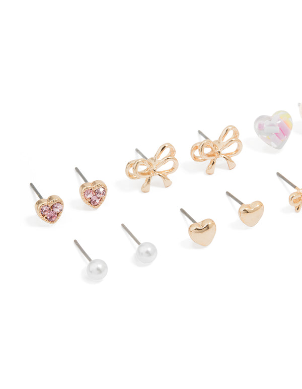 Gold Bow & Heart Stud Earrings 8-Pack