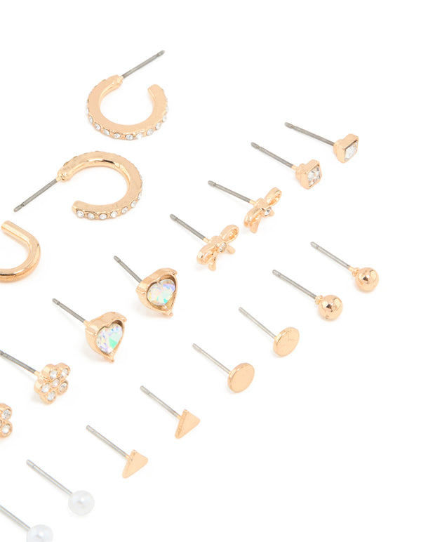 Gold Bow Flower Hoop & Stud Earrings 12-Pack