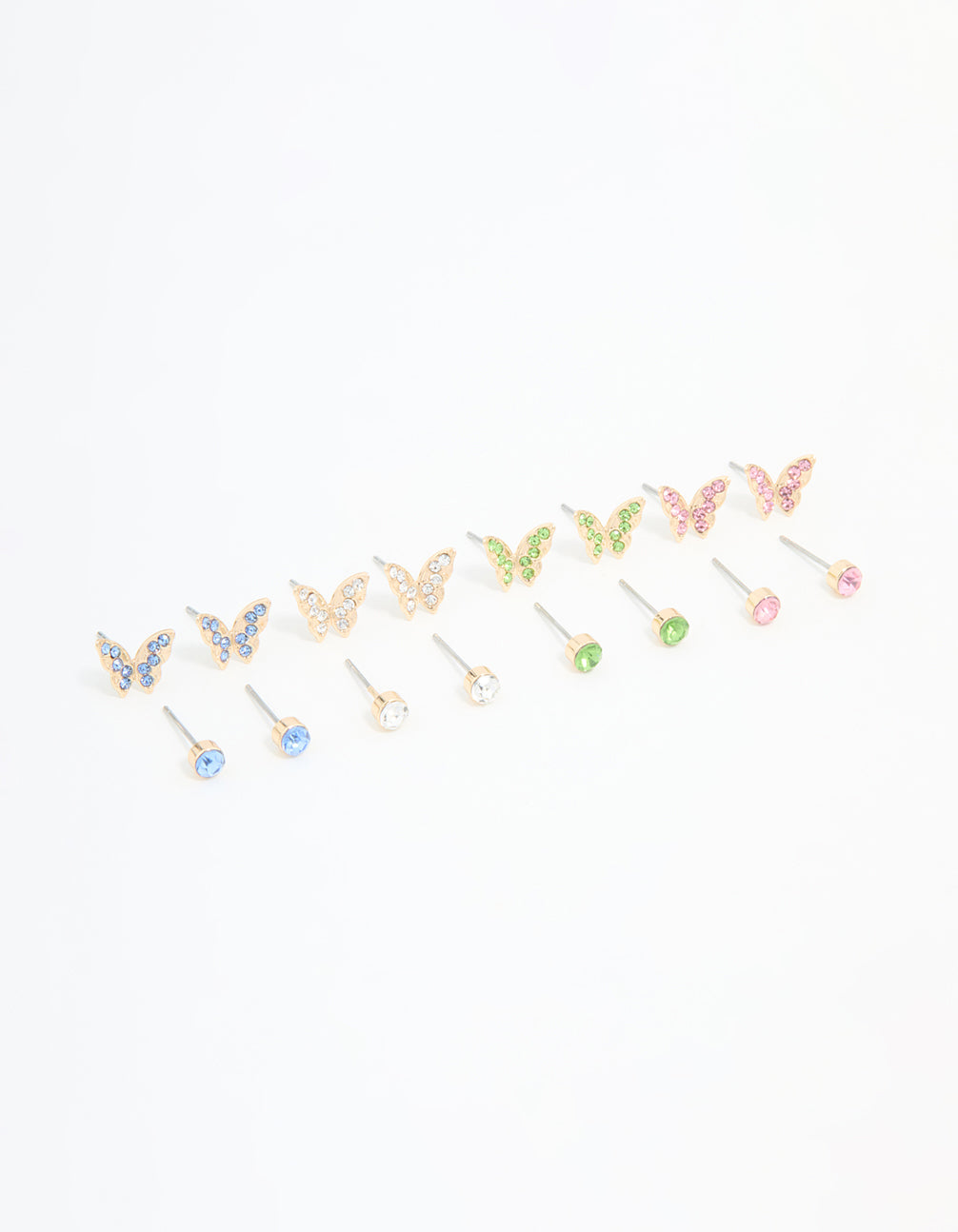 Gold Multicoloured Diamante Butterfly Stud Earrings 8-Pack
