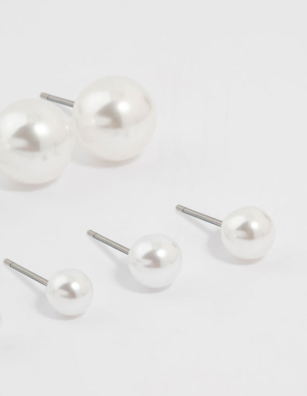 Silver Pearl Stud Earrings 8-Pack