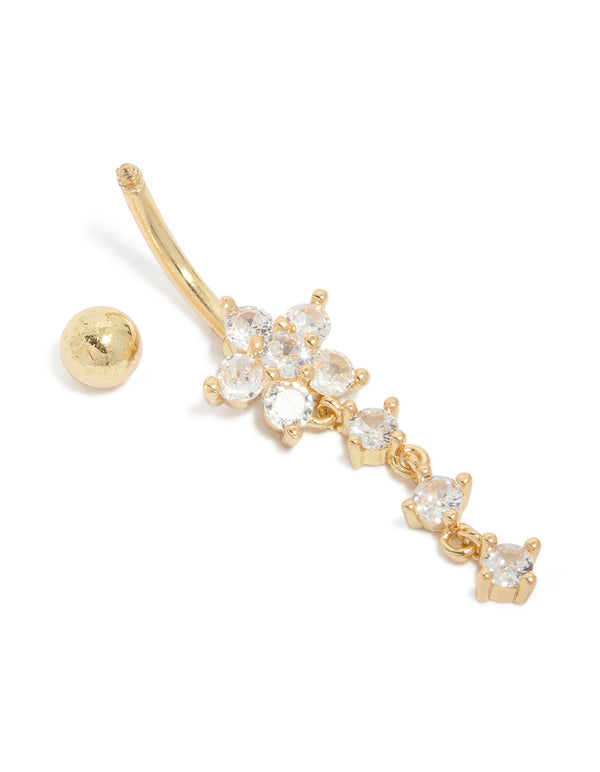 Titanium Flower Cubic Zirconia Drop Belly Bar
