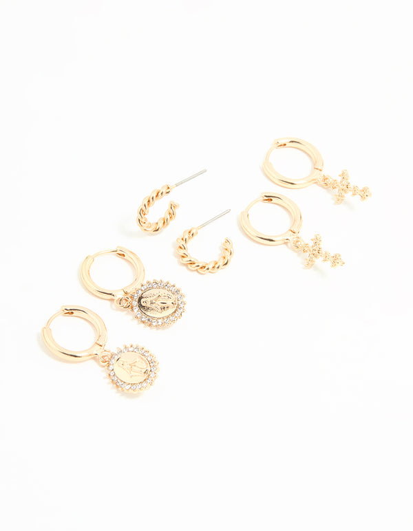Gold Diamante Cross Huggie Earrings 3-Pack