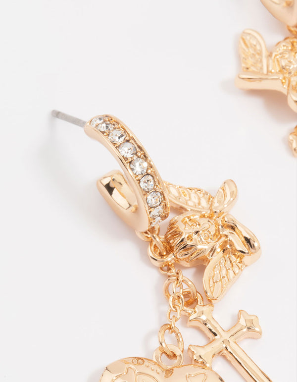 Gold Cherub Heart Cross Huggie Earrings