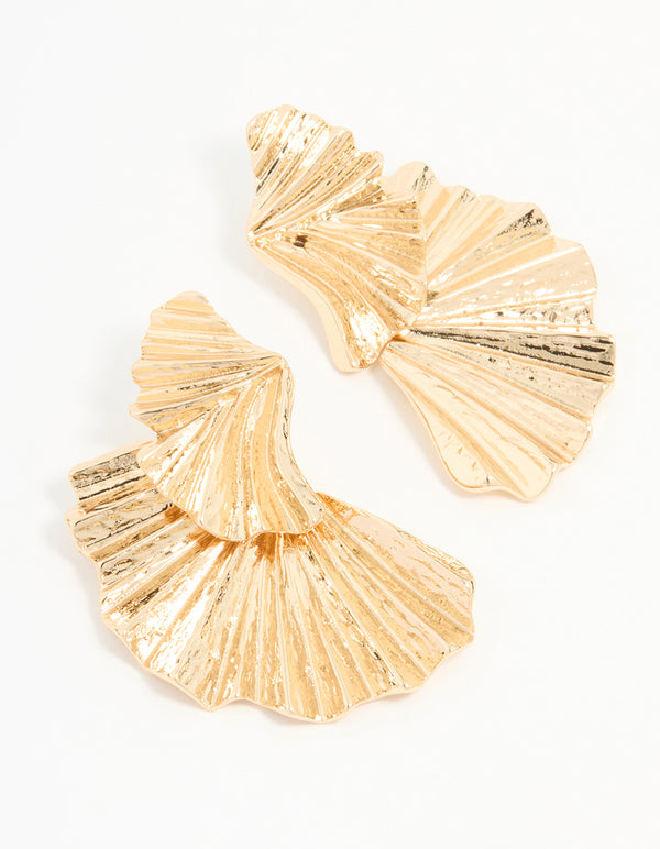 Gold Textured Metal Fan Drop Earrings