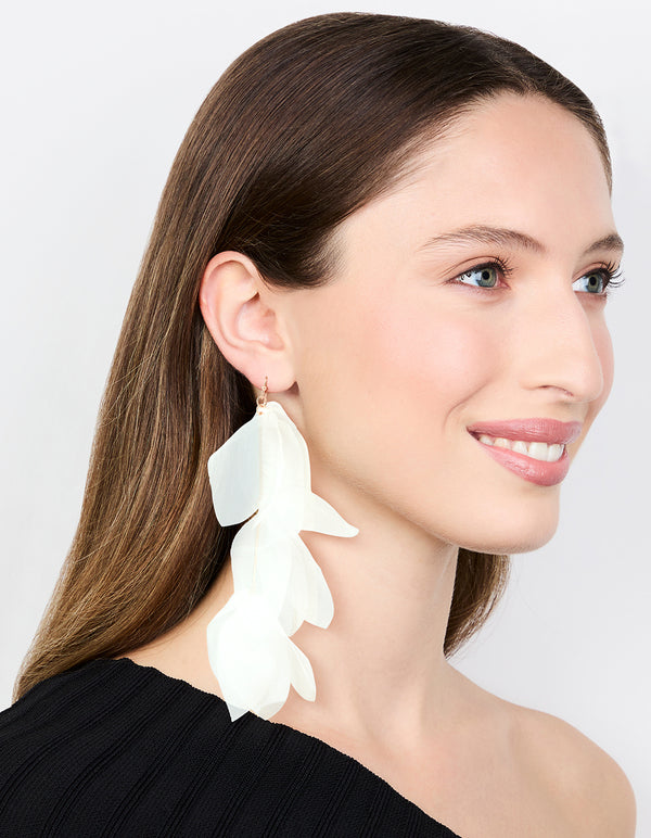 White Chiffon Fabric Petals Drop Earrings
