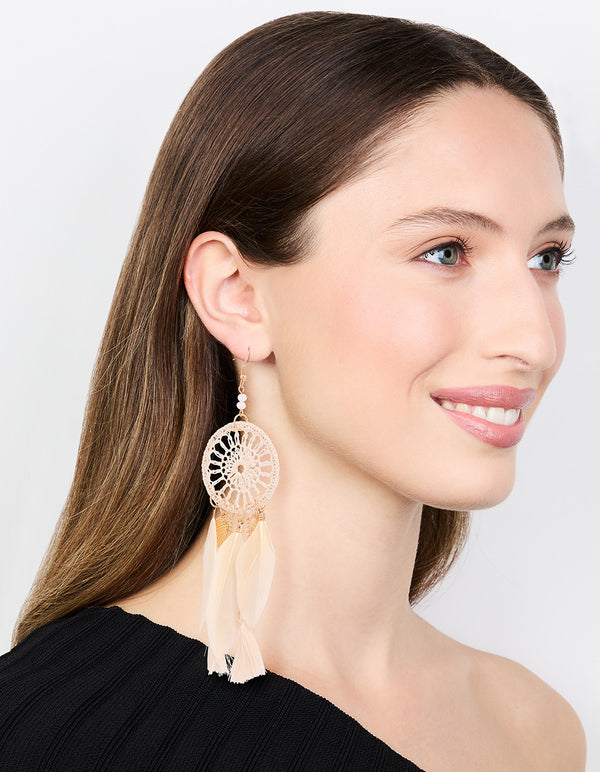 Cream & Gold Feather Dreamcatcher Drop Earrings