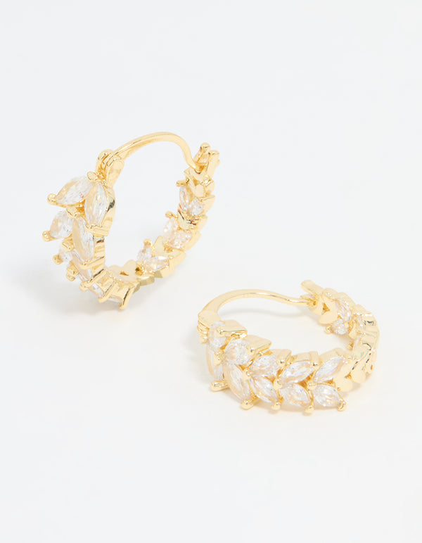Elegant gold plated cubic zirconia vine hoop earrings with crystal accents in clear front view
