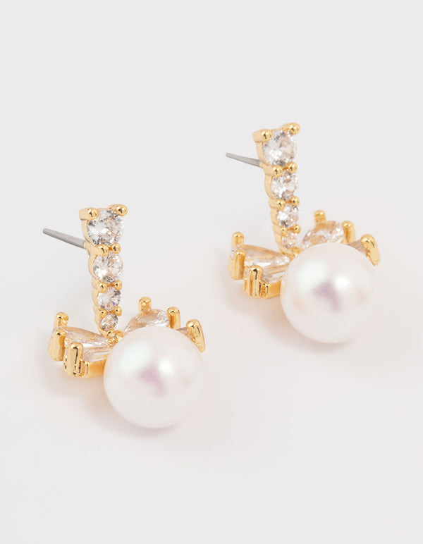 Gold Plated Cubic Zirconia & Pearl Bow Drop Earrings