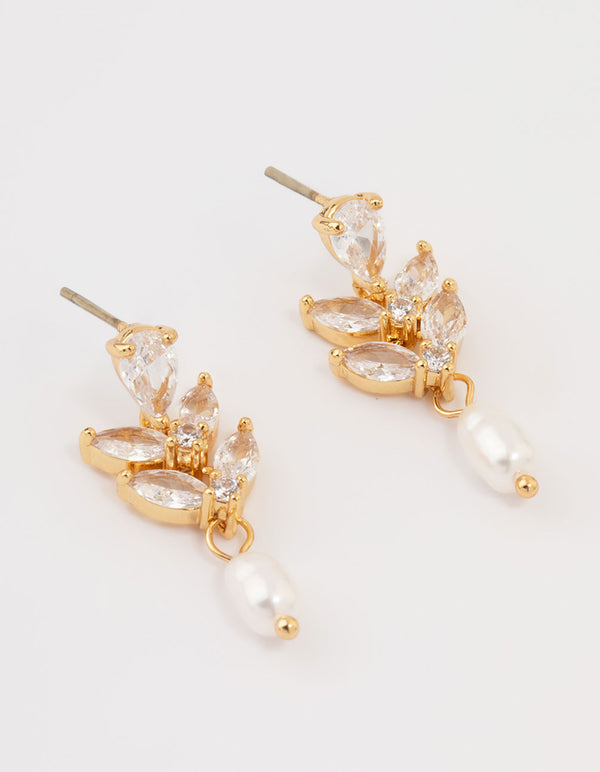 Gold Plated Cubic Zirconia Vine & Freshwater Pearl Drop Earrings