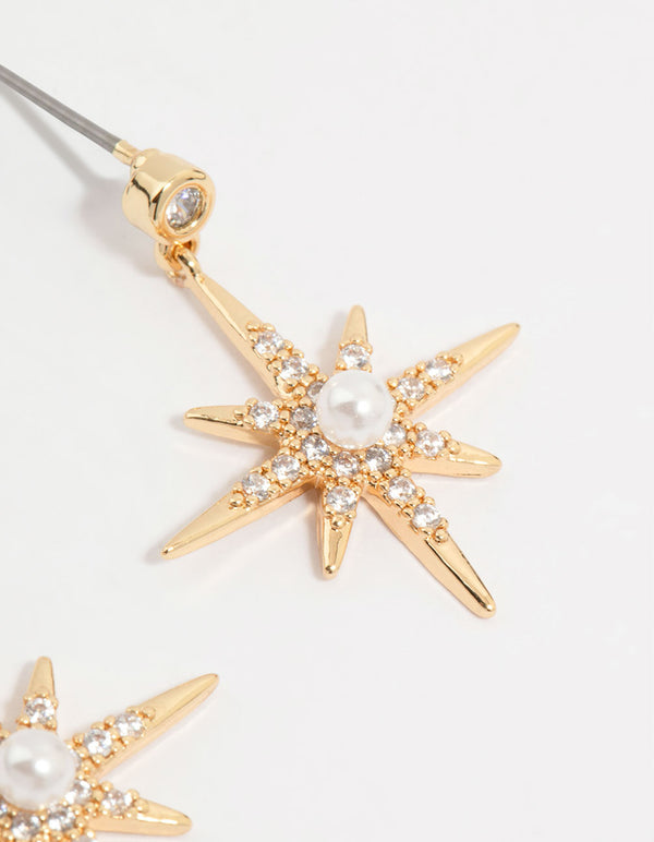 Gold Plated Diamante Pearl Star Drop Earrings