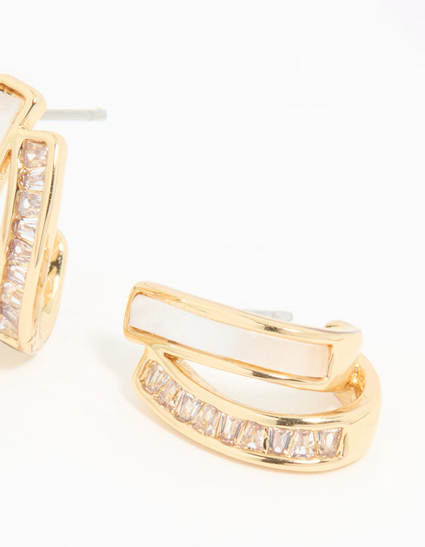 Presenting statement jacket earrings featuring gold plated cubic zirconia with mother of pearl post detail view