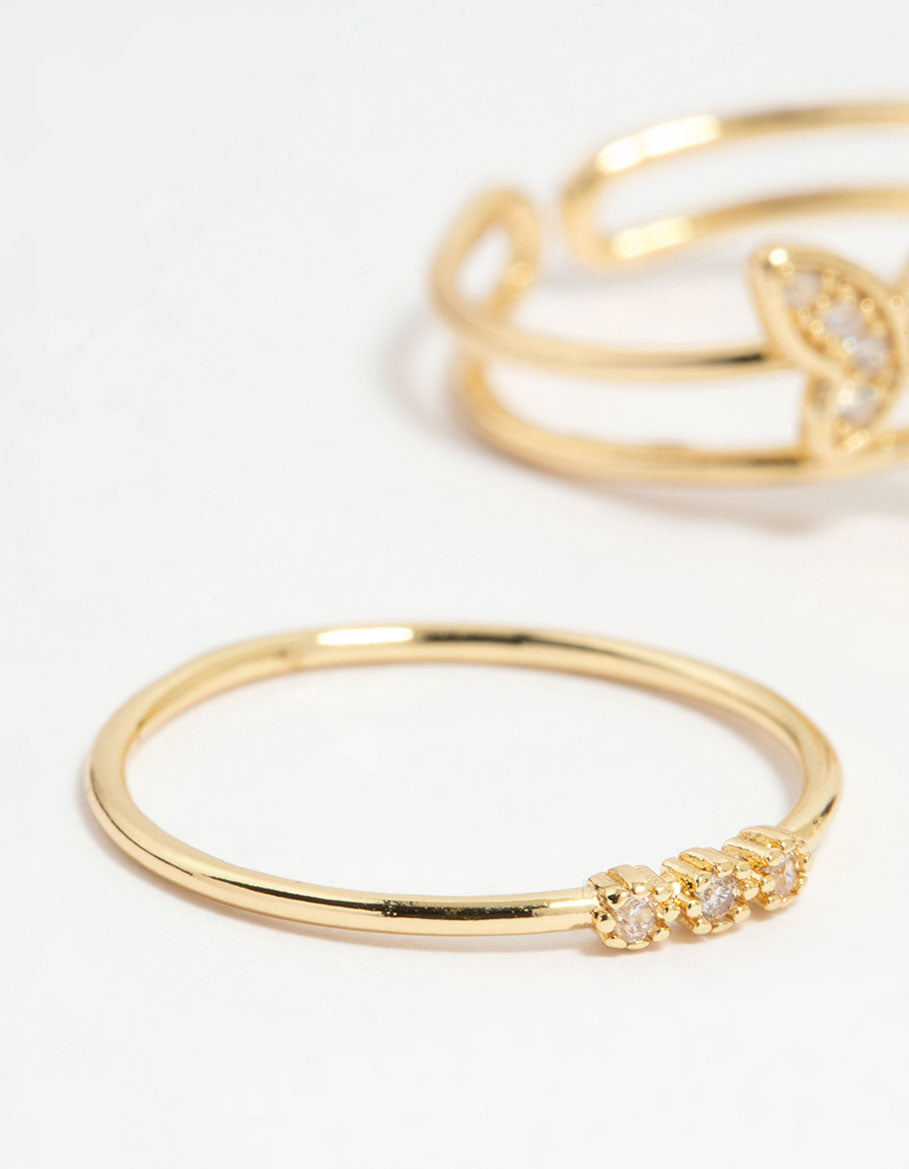 Gold Plated Cubic Zirconia Butterfly Rings 3-Pack