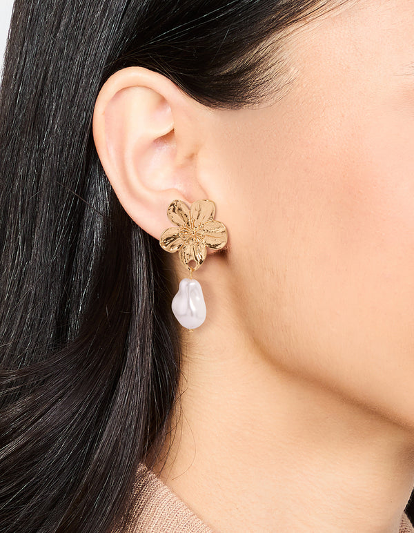 Gold Plated Pearl & Flower Drop Earrings