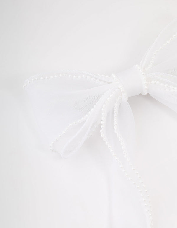 White Organza Fabric & Pearl Bow Hair Clip