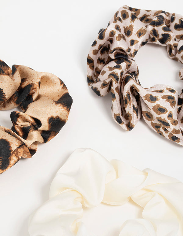 Satin Fabric Leopard Print & Cream Scrunchies 3-Pack