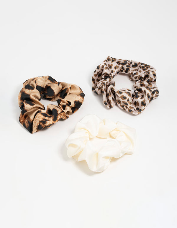 Satin Fabric Leopard Print & Cream Scrunchies 3-Pack