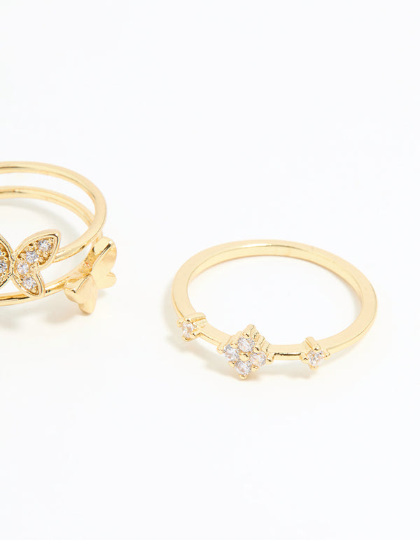 Featuring butterfly detail rings in gold plated metal with cubic zirconia crystal accents, 3-pack side detail view