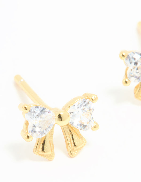 Gold Plated Sterling Silver Cubic Zirconia Bow Stud Earrings