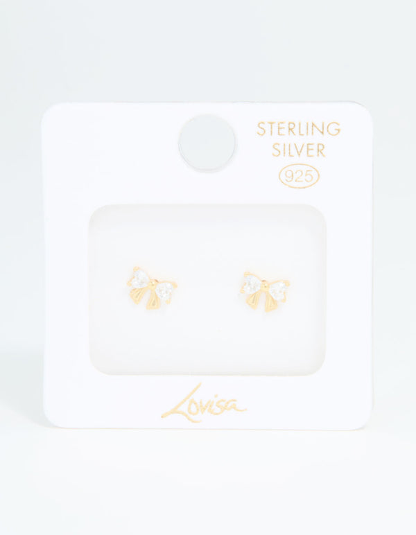 Gold Plated Sterling Silver Cubic Zirconia Bow Stud Earrings