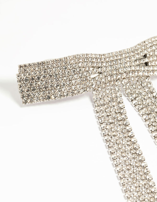 Silver Diamante Dangly Bow Hair Clip