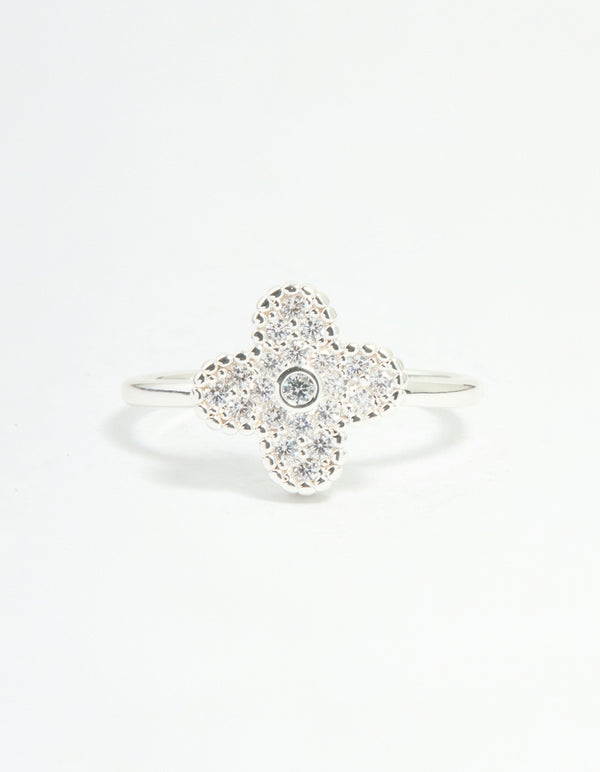 Silver Plated Cubic Zirconia Flower Statement Ring