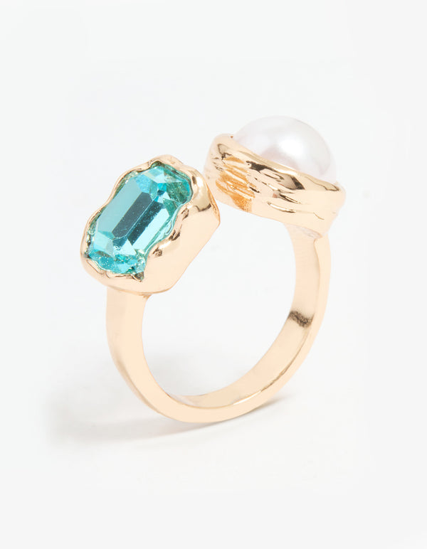 Gold Pearl & Blue Gem Statement Ring
