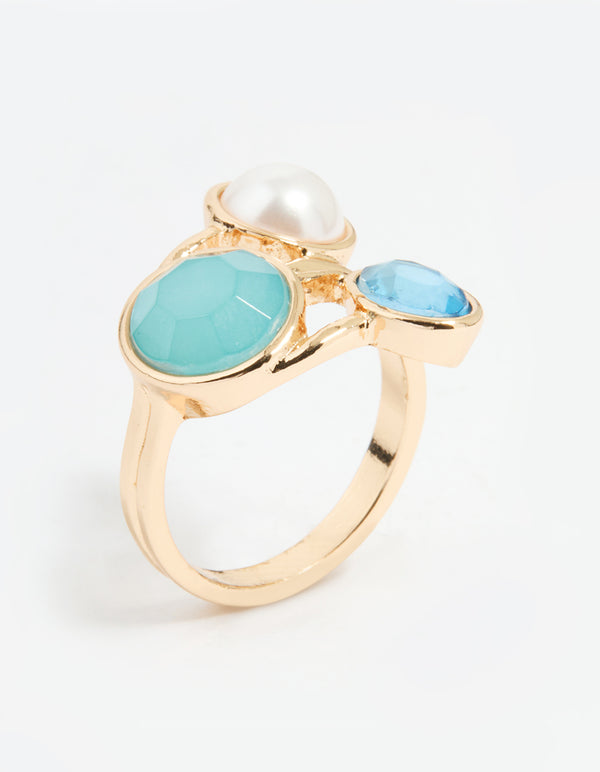 Gold Pearl Statement Triple Blue & Clear Gems Ring