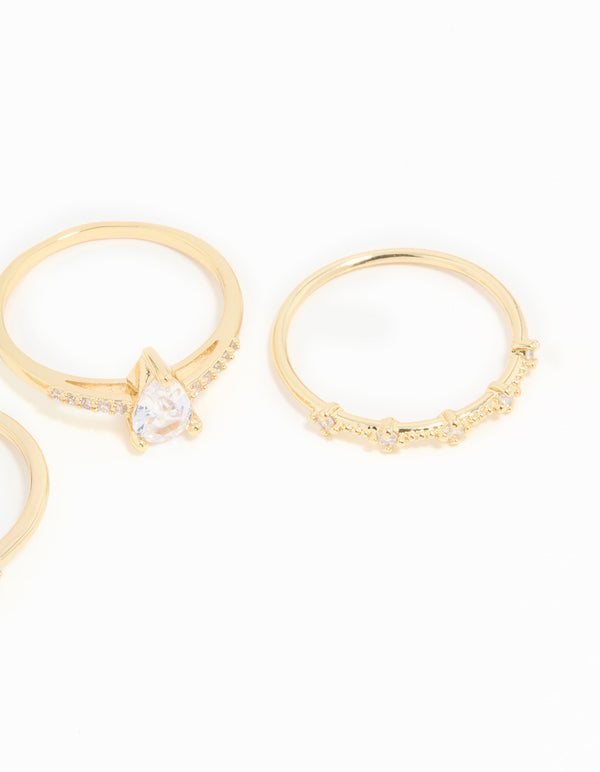 Gold Plated Cubic Zirconia Elegant Pear Stacking Rings 3-Pack