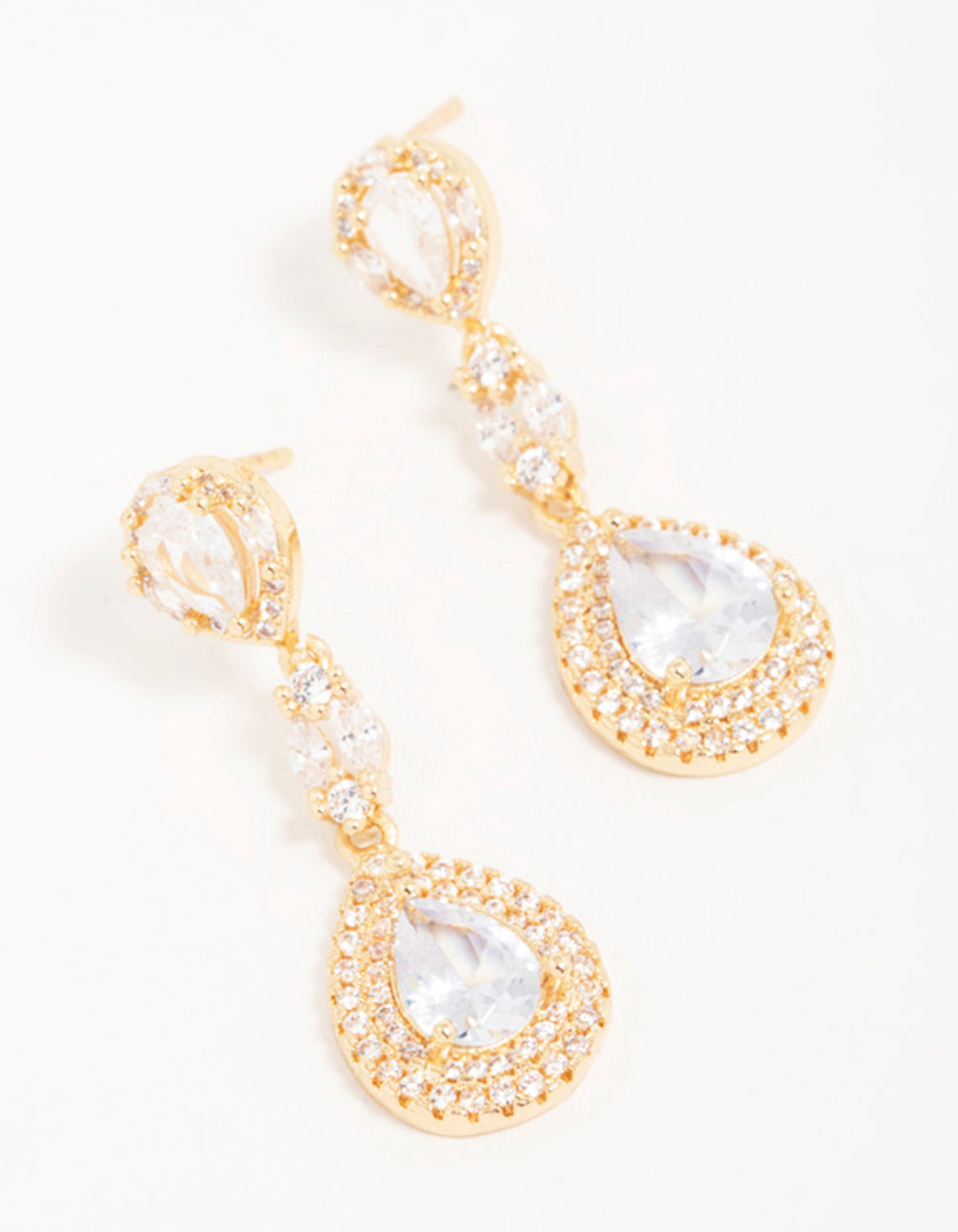 Showcasing gold cubic zirconia halo pear drop earrings with clear accents front view