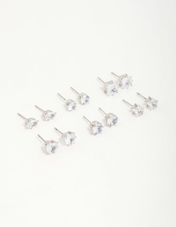 Silver Diamante Geometric Stud Earrings 6-Pack