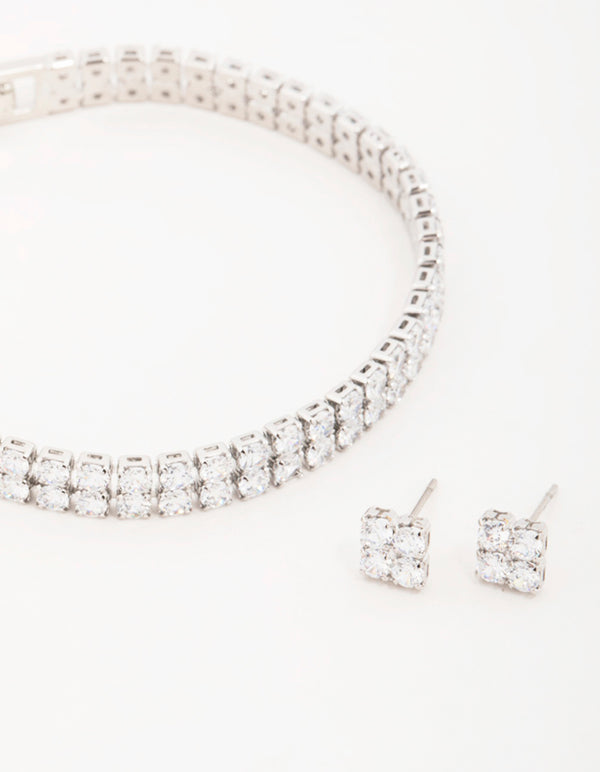 Silver Cubic Zirconia Flower Earrings & Tennis Bracelet Set