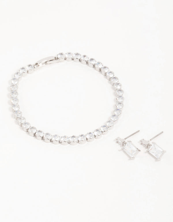 Silver Diamante Rectangle Drop Earrings & Tennis Bracelet Set