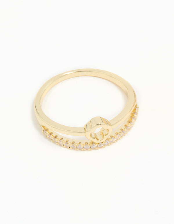 Gold Plated Cubic Zirconia Dainty Stacked Flower & Band Rings 2-Pack
