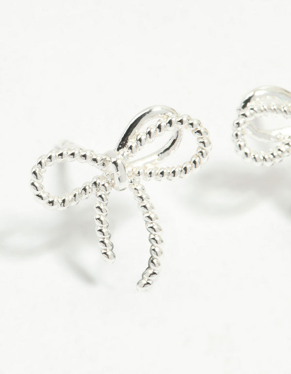 Sterling Silver Textured Thin Bow Stud Earrings